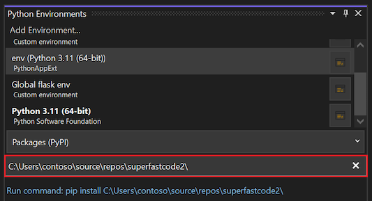 Screenshot that shows how to enter the path in the Python Environments pane to install the extension module.