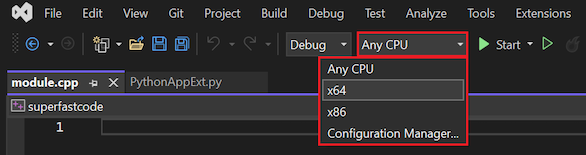 Screenshot that shows how to set the target configuration type for the C++ project in Visual Studio.