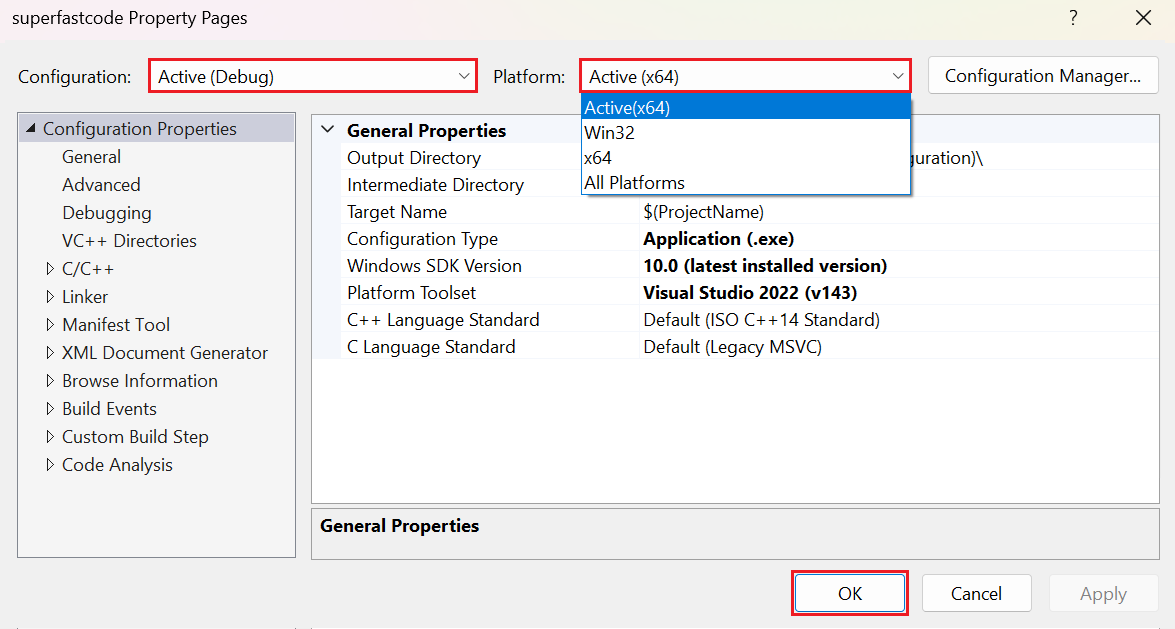 Screenshot that shows how to set the project build and platform options for the C++ file in Visual Studio.
