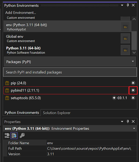Screenshot that shows how to uninstall a package in the Python Environments pane.