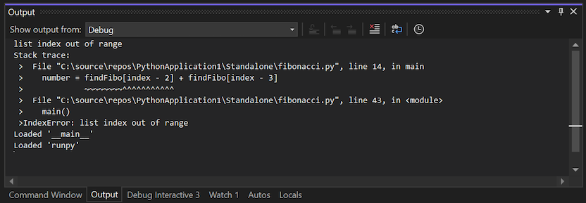 Screenshot that shows Debugger logging output in the Output window in Visual Studio.