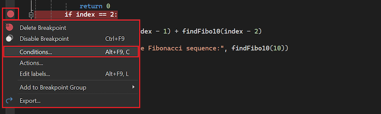 Screenshot that shows how to select the option to configure Conditions for a breakpoint in Visual Studio.