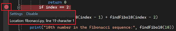 Screenshot that shows how to disable a breakpoint in the left margin of the code file in Visual Studio.