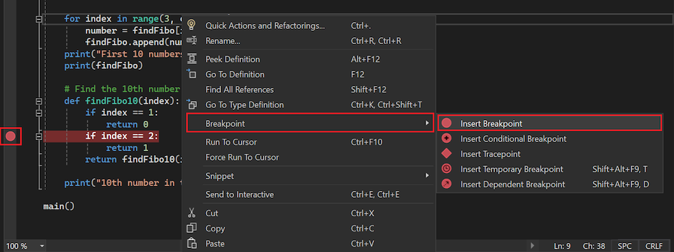Screenshot that shows how breakpoints are displayed in the left margin of the code file in Visual Studio.
