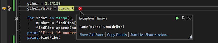 Screenshot that shows an Exception popup for an unhandled error in the Visual Studio debugger.