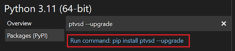 Screenshot that shows how to select the ptvsd upgrade command in the Python Environments window.