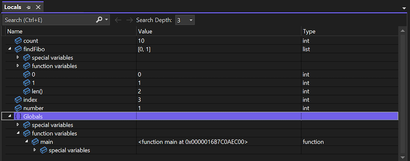 Screenshot that shows the Locals window in the Visual Studio debugger.