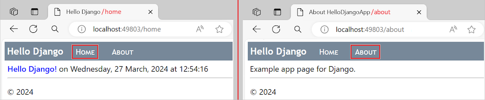 Screenshot that shows the revised Django app that uses template inheritance to render a header and navigation bar across all pages.