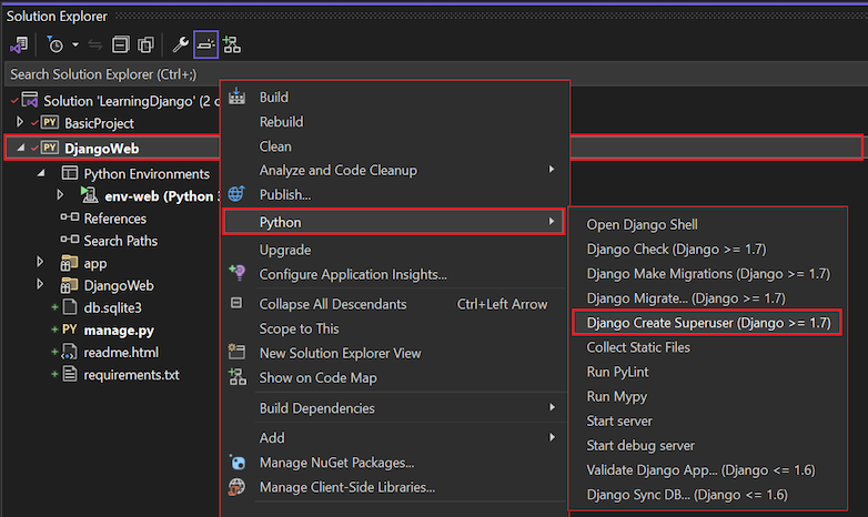 Screenshot that shows how to select the Django create super user command for a project in Visual Studio.