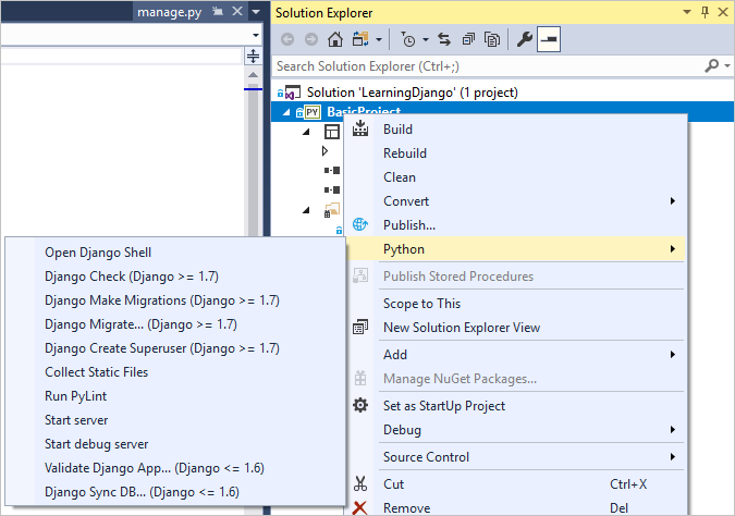 Screenshot that shows the initial Django project files in Solution Explorer.