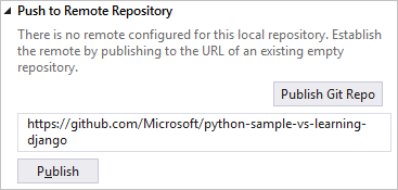 Screenshot that shows the Team Explorer window for pushing to an existing remote repository.