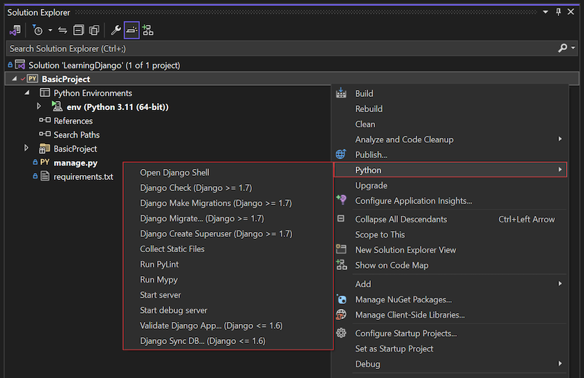 Screenshot that shows the initial Django project files in Solution Explorer in Visual Studio.