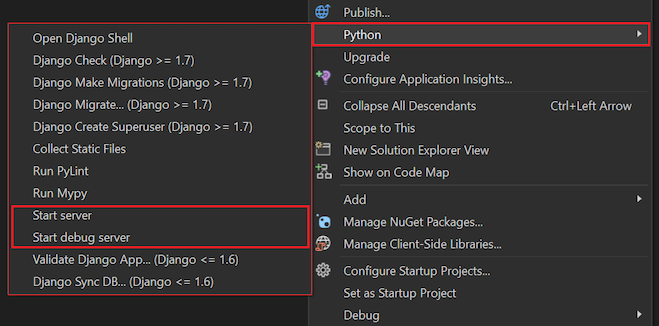 Screenshot that shows the Python commands for the selected project in Solution Explorer in Visual Studio.