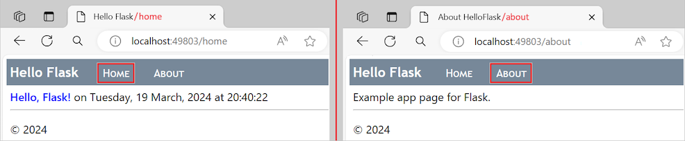Screenshot that shows the revised Flask app that uses template inheritance to render a header and navigation bar across all pages.