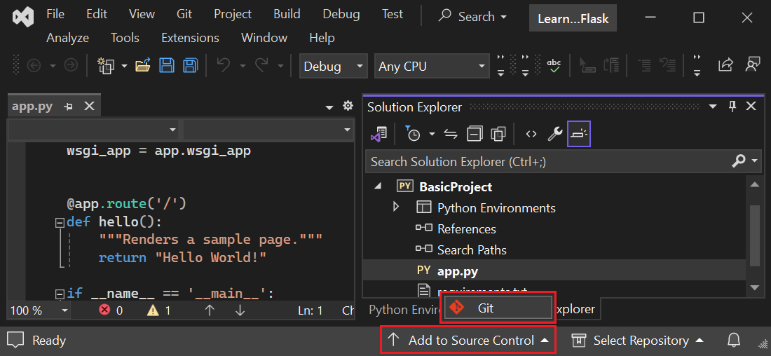 Screenshot that shows how to Create a Git repository in Visual Studio.