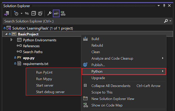 Screenshot that shows the Python commands for the selected project in Solution Explorer in Visual Studio.