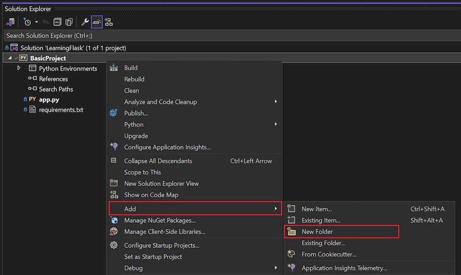 Screenshot that shows how to add the Hello Flask folder in Visual Studio.