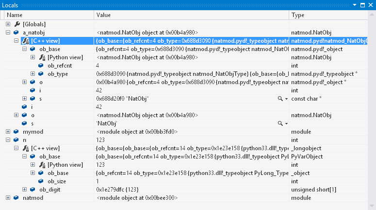 Screenshot that shows the C++ View in the Locals window in Visual Studio.