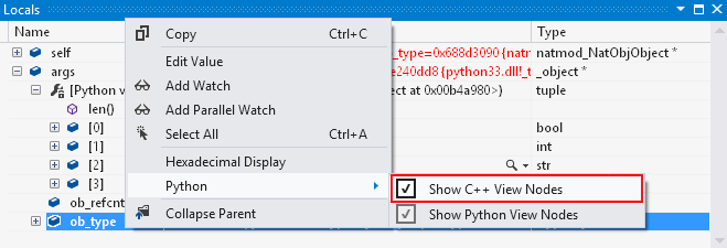 Screenshot that shows how to enable the Show C++ View Nodes options for the Locals window.