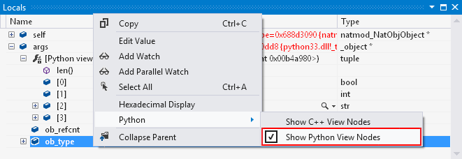 Screenshot that shows how to enable the Show Python View Nodes option for the Locals window.