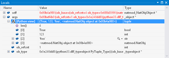 Screenshot that shows the Python View in the Locals window in Visual Studio.