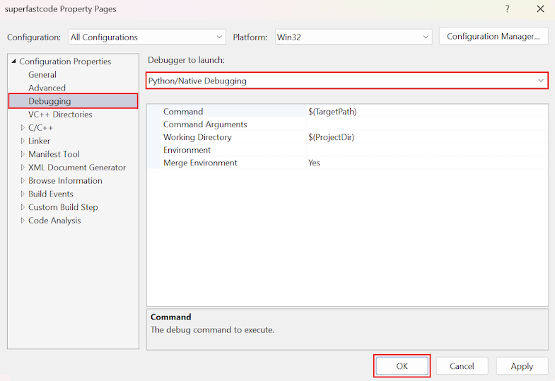Screenshot that shows how to select the Python Native Debugging option for a C/C++ project in the Visual Studio.