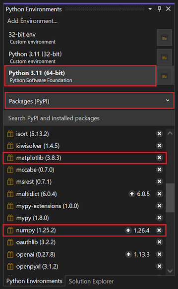 Screenshot that shows the newly installed matplotlib and numpy packages for the selected environment in the Python Environments window in Visual Studio.
