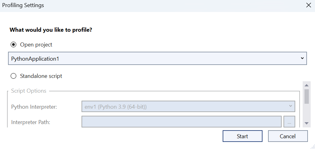 Screenshot of the Profiling Settings configuration dialog in Visual Studio.