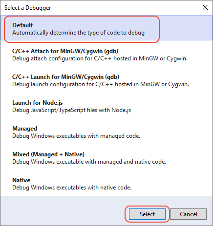 Screenshot that shows how to select the Default Debugger in the Select a Debugger dialog in Visual Studio.