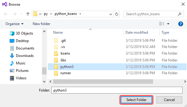 Screenshot that shows how to select the local folder that has the existing Python code in Visual Studio.