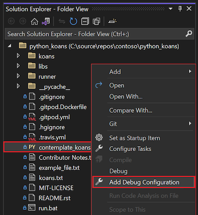 Screenshot that shows how to select the Add Debug Configuration option for a selected file in Solution Explorer in Visual Studio 2022.