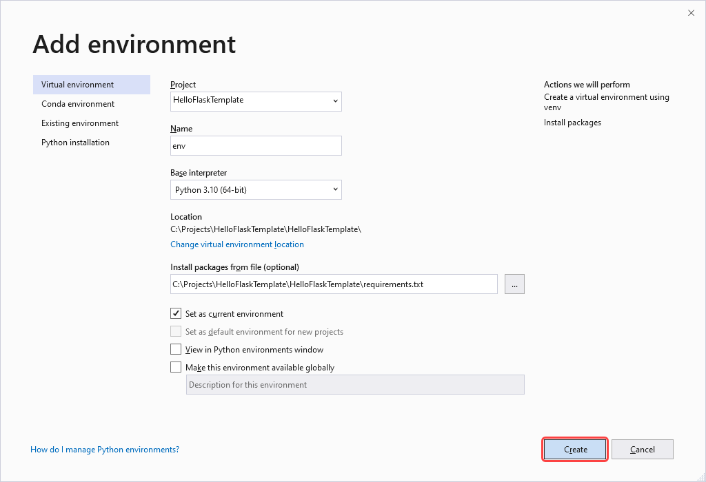Screenshot that shows how to add a virtual environment for the Flask project in Visual Studio.