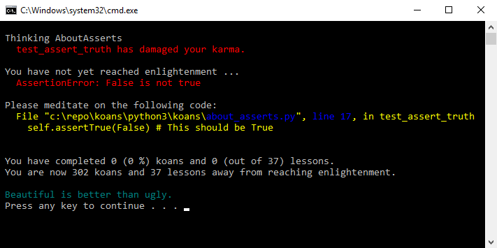 Screenshot that shows the initial output from the Python koans program that produces an assertion error in the about_asserts file.