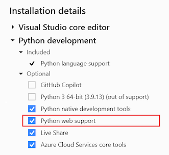 Screenshot that shows how to select Python web support in the Visual Studio Installer for the Python development workload.