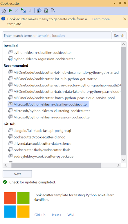 Screenshot that shows how to create a new project from a Cookiecutter template.