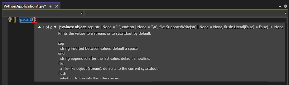Screenshot that shows IntelliSense autocompletion options for the print function in the editor in Visual Studio.