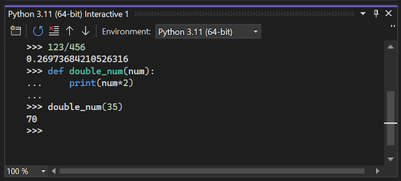 Screenshot that shows the Interactive Window displays the Python continuation prompt for multiline code statements in Visual Studio.
