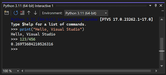 Screenshot that shows how the Interactive Window displays immediate results for code you enter in Visual Studio.