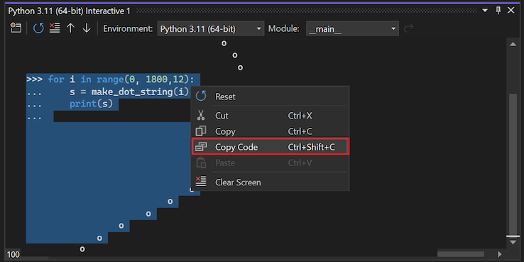 Screenshot that shows the Interactive Window copy code command on a selection that includes prompts and output in Visual Studio.