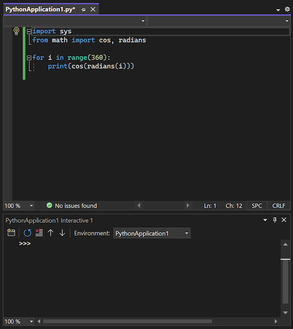 Screenshot that shows the Interactive Window for Python open underneath the code editor in Visual Studio.