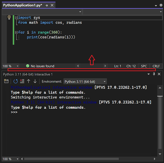 Screenshot that shows how to move the separator to increase the size of the Interactive Window in Visual Studio.