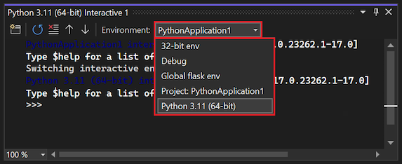 Screenshot that shows how to select the Python interpreter from the Environment dropdown list in the Interactive Window in Visual Studio.