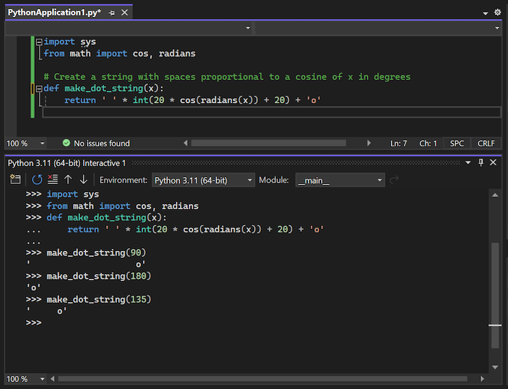 Screenshot that shows how to run a test of the function code sent to the Interactive Window in Visual Studio.