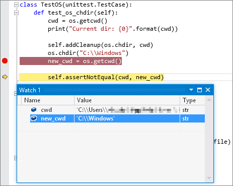 Screenshot that shows how to debug a unit test with the Visual Studio Debugger.