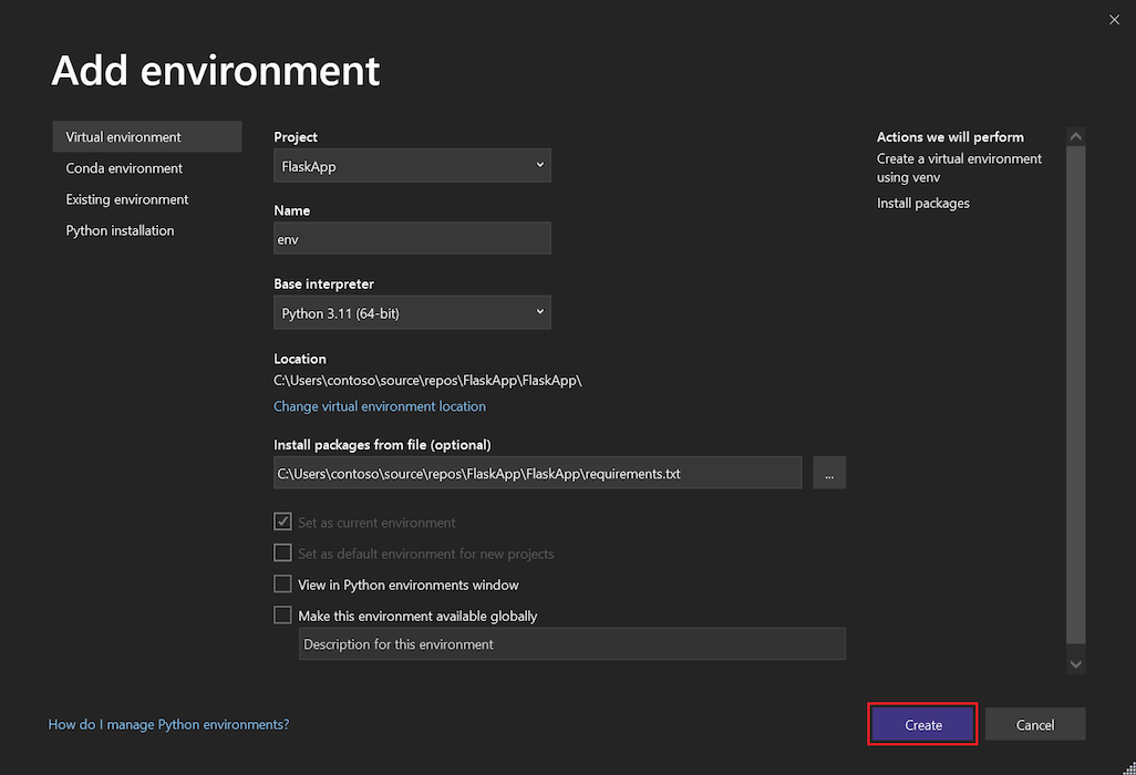 Screenshot that shows how to add a virtual environment for the Flask project in Visual Studio 2022.