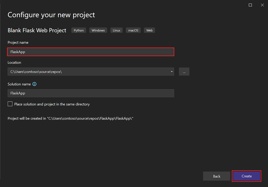 Screenshot that shows how to configure a new Blank Flask Web Project in Visual Studio 2022.