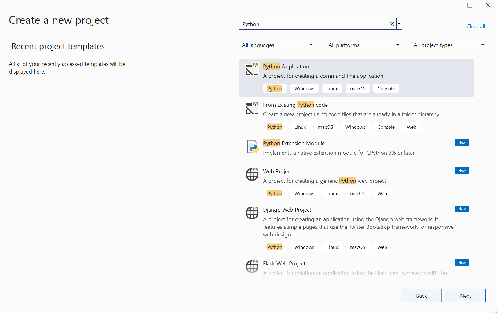 Screenshot showing the Create a new project dialog box in Visual Studio with Python project templates.