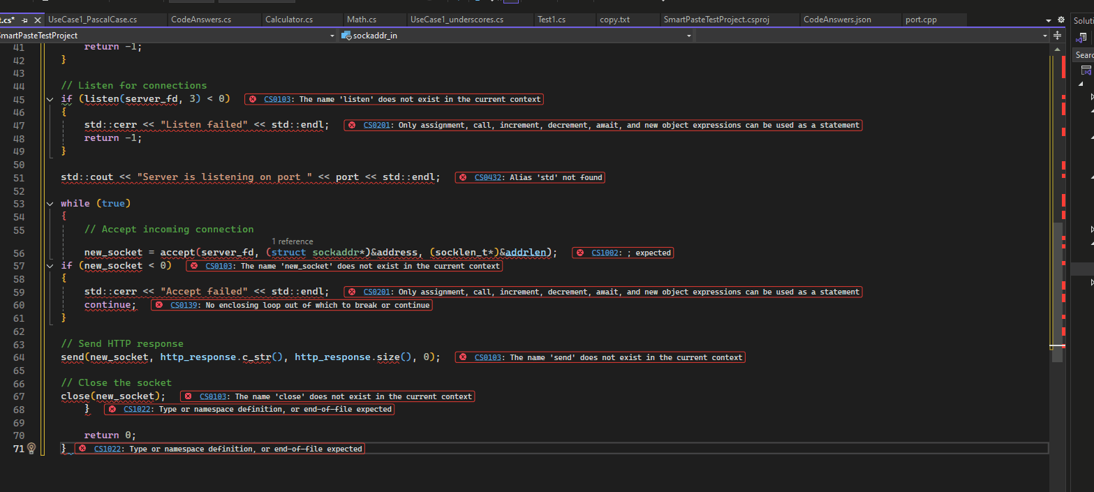 Video showing adaptive paste translating C++ code to C# during paste