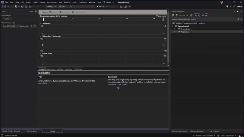 Video demonstration showing the .NET Allocation Tool with zero-length array insight and Copilot providing detailed analysis and optimization suggestions