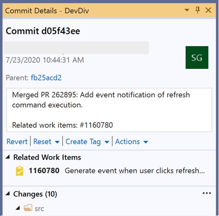 The Commit Details dialog box in Visual Studio